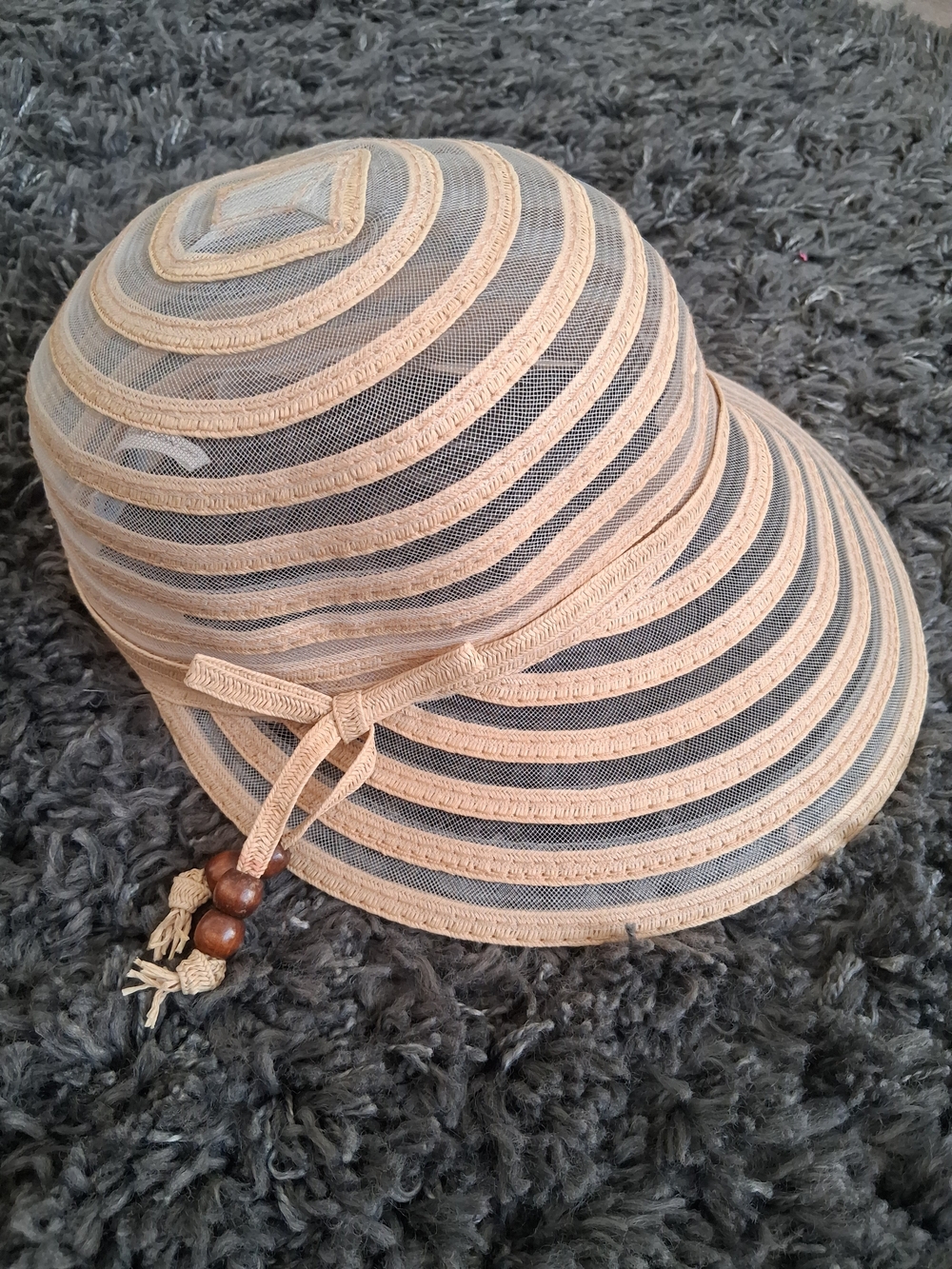 Striped Beige & Black Summer Sun Visor Hat with Decorative Bow